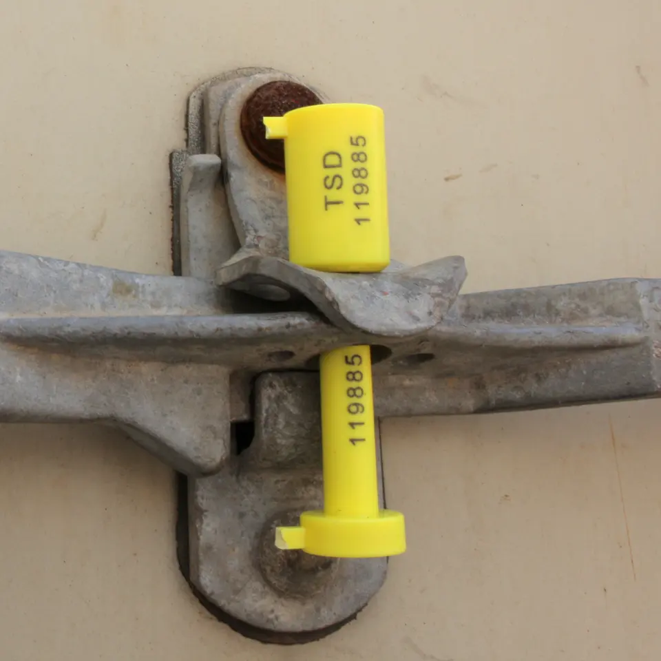 Detalhe do lacre amarelo com o número TSD 119885.